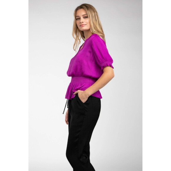 Naked Zebra Cora Peplum Blouse Womens S Mulberry Purple Smocked Short Sleeve NWT - Picture 3 of 10